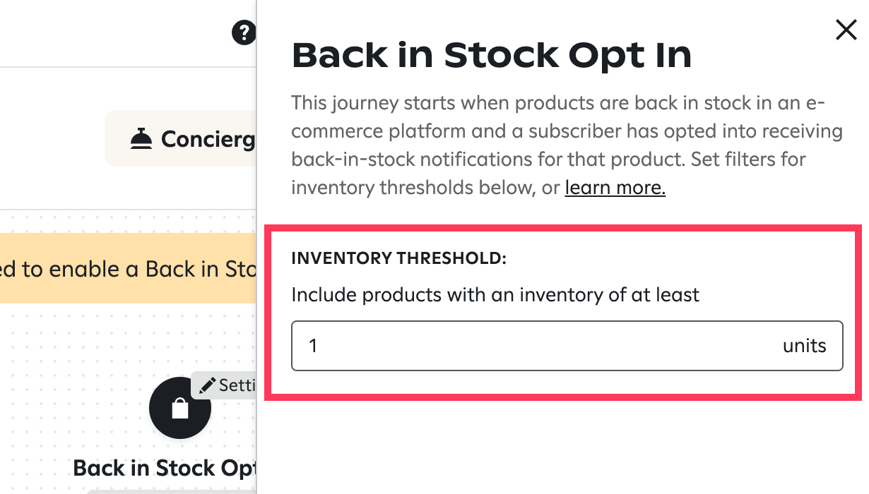 Image showing inventory threshold setting for back in stock opt in