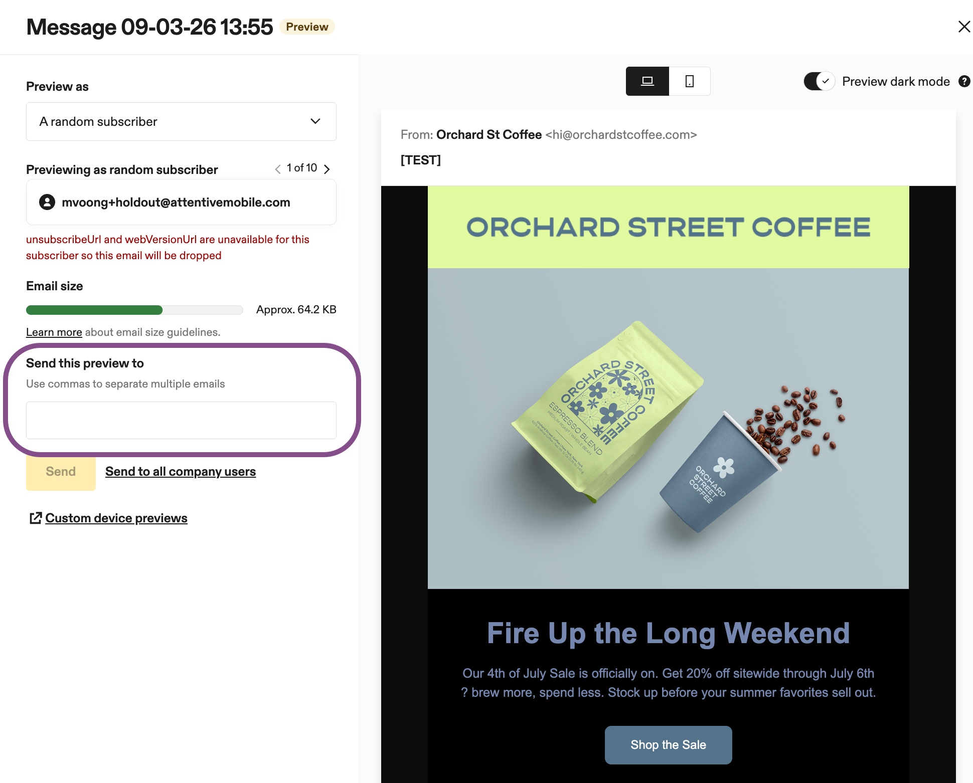 Image showing send test email settings