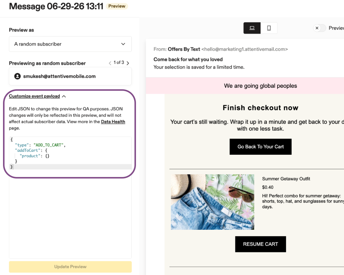 Image showing where to customize the event payload