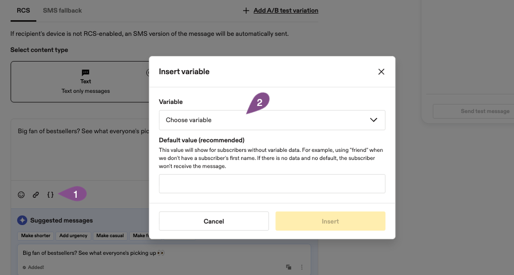 Image showing how to add variable in text and push messages
