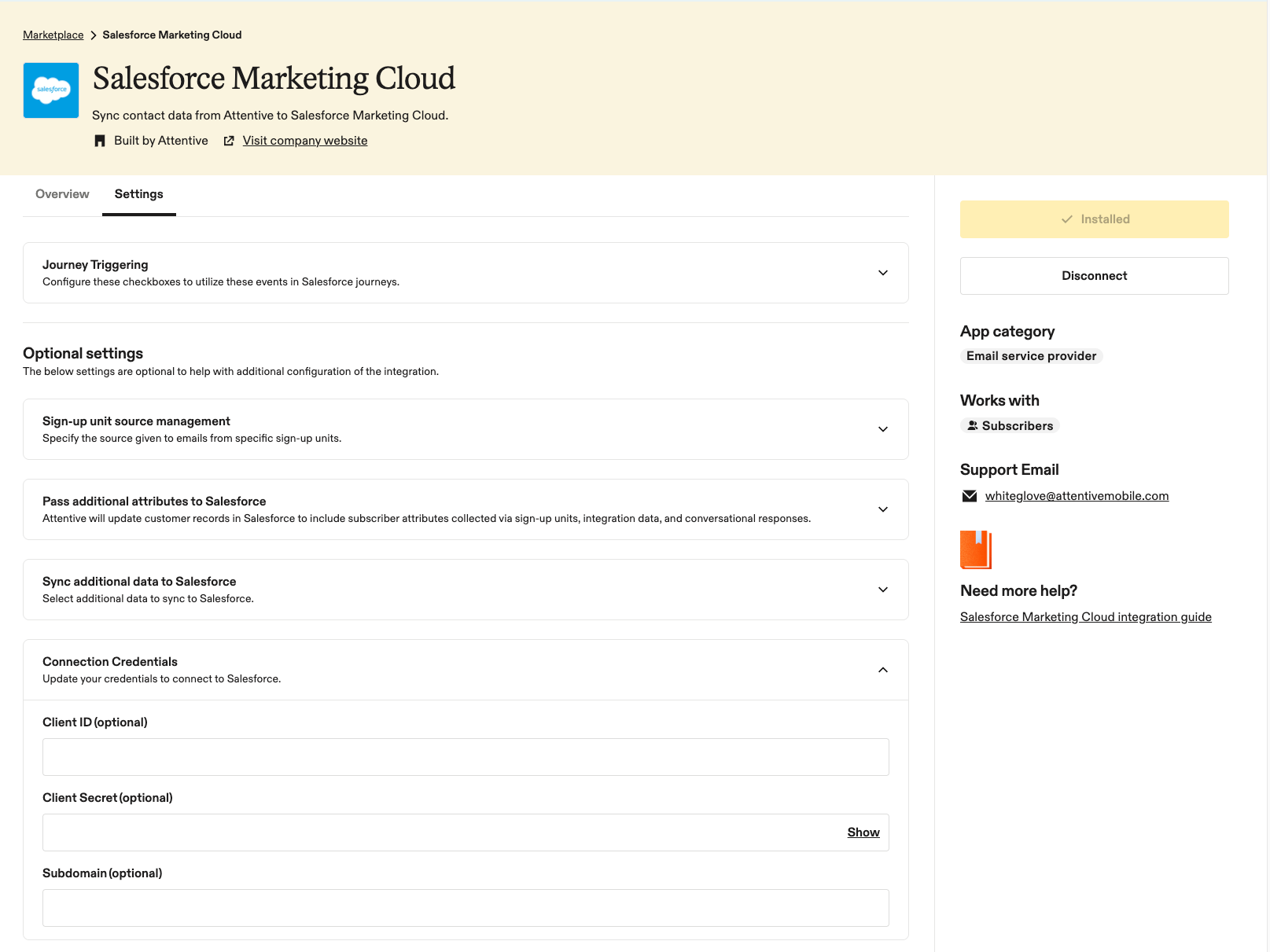 Image of SFMC settings within the Attentive marketplace