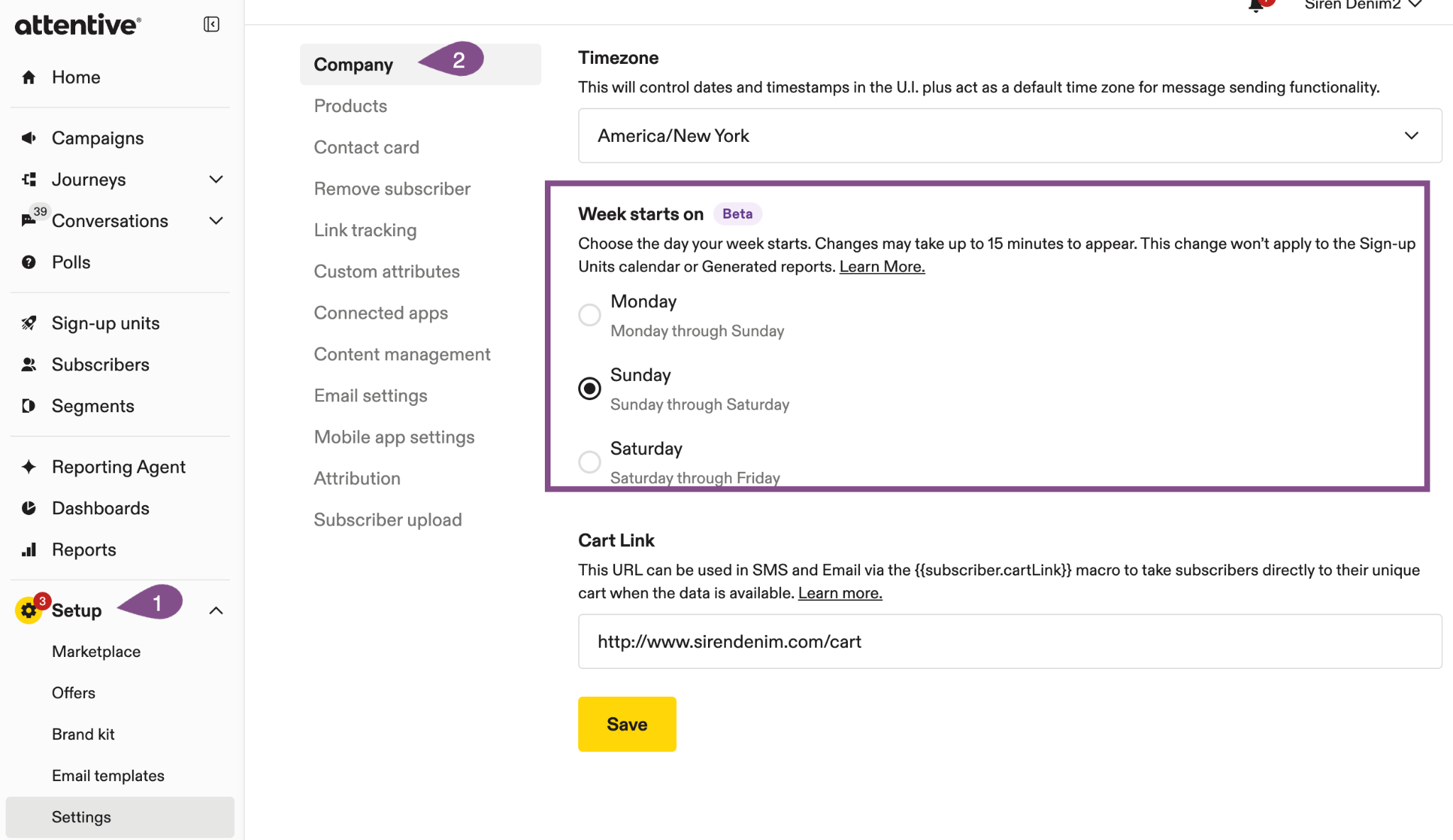 Image with navigation to "week starts on" settings