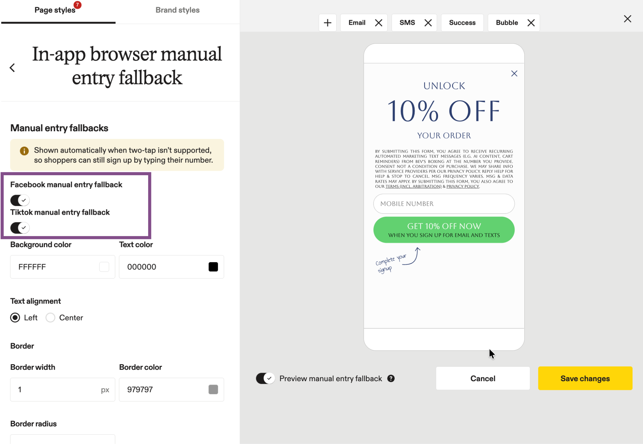 Image showing Facebook and Tiktok toggles for manual entry fallback