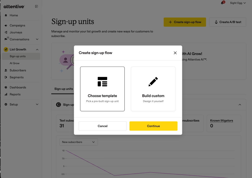 Image showing create sign-up flow options for choosing a template or building custom