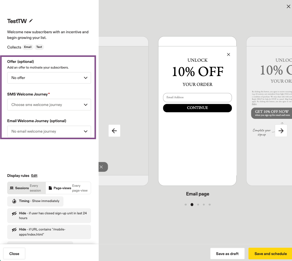 Image showing where to add an offer and select a welcome journey from within the builder