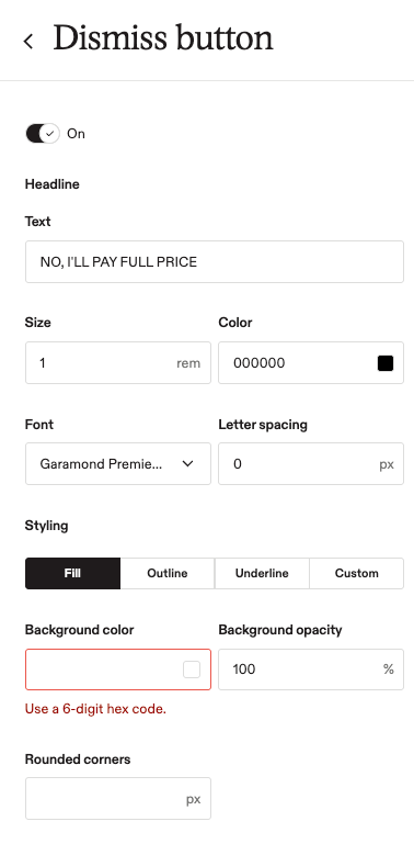 Image showing where to edit the dismiss button