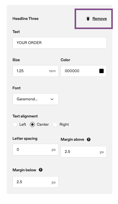 Image showing the remove button for design elements