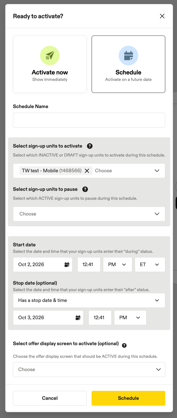 Image showing the menu for scheduling sign-up units