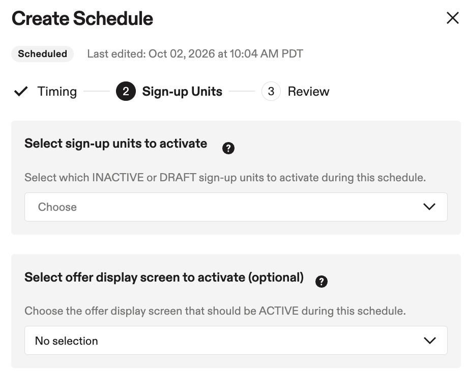 Image showing the select sign-up unit step when creating a schedule
