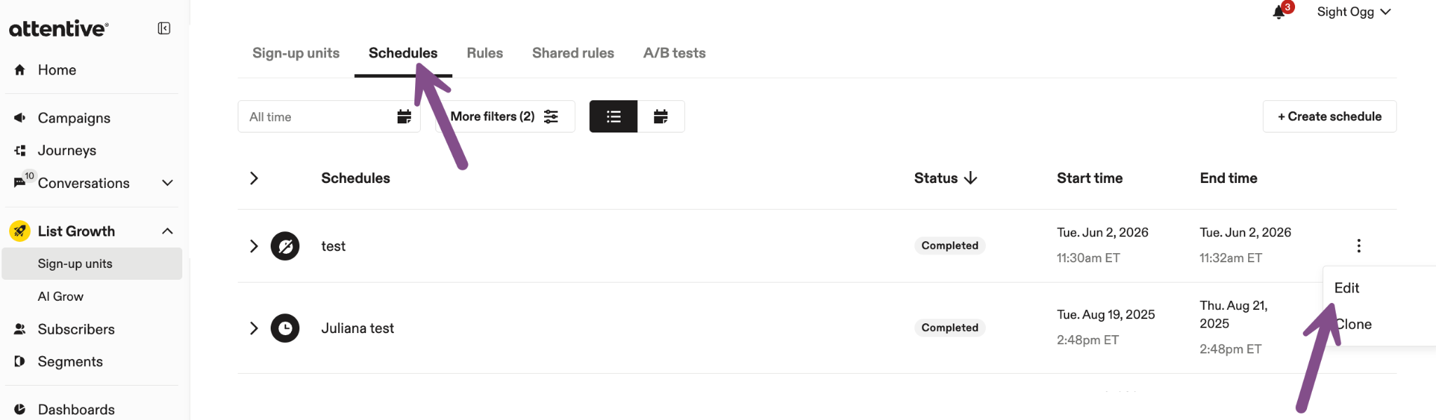 Image showing how to edit an existing schedule