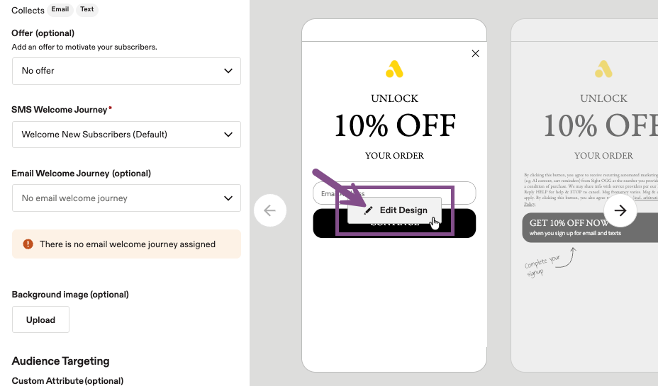 Image showing how to enter the creative editor from within a sign-up unit