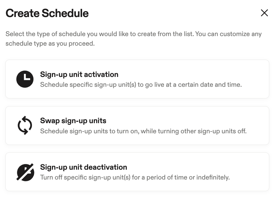 Image showing the create schedule menu