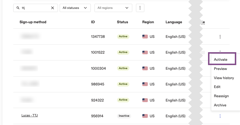 Image showing how to activate the TTJ from the sign-up method table