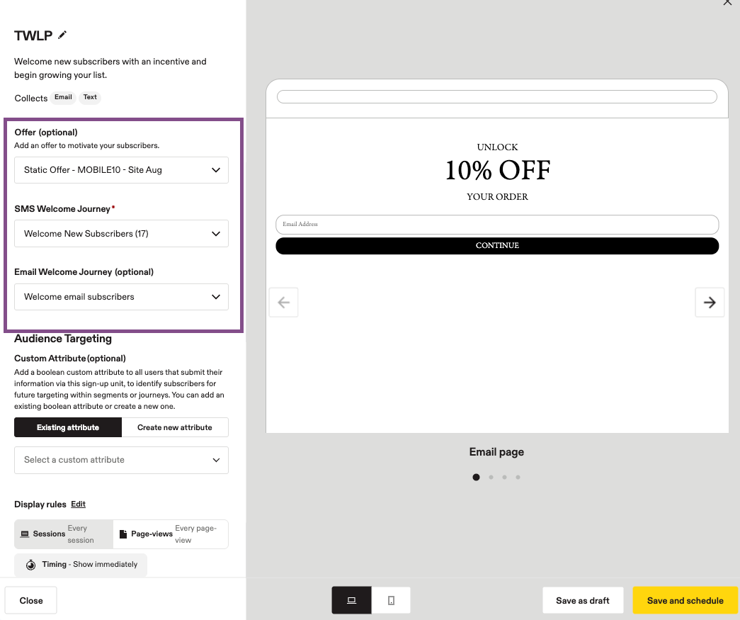Image showing where to add offers and select welcome journeys