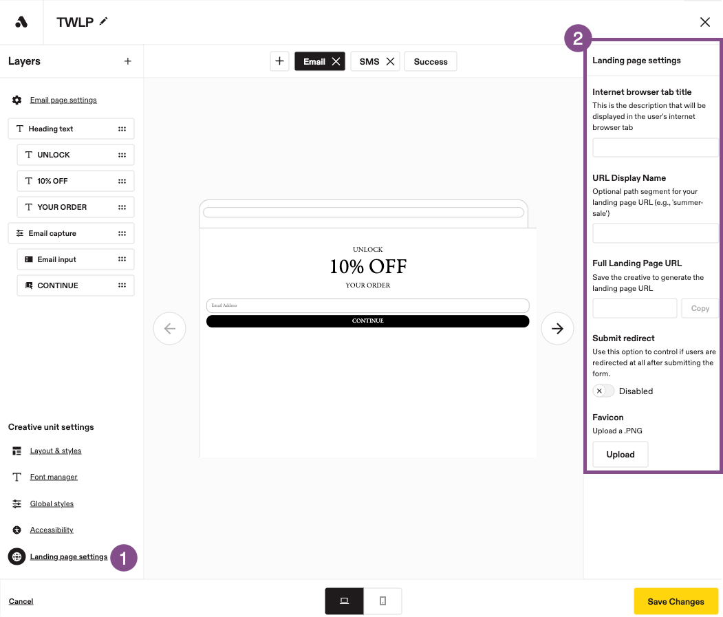 Image showing landing page settings