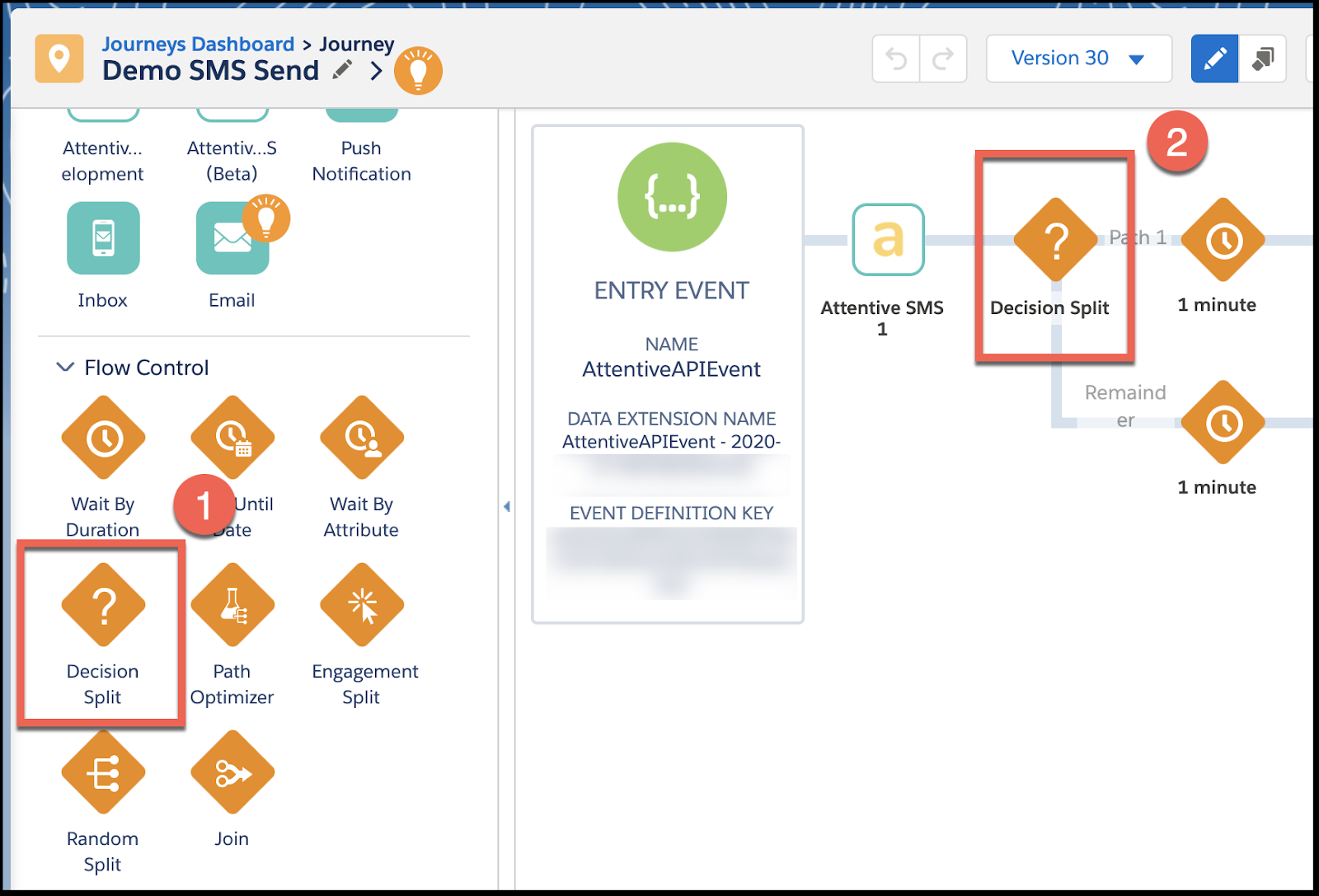 Dragging Decision SPlit widget onto Journey Builder canvas