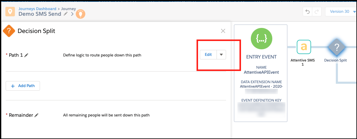 Clicking Edit to customize the Decision Split.