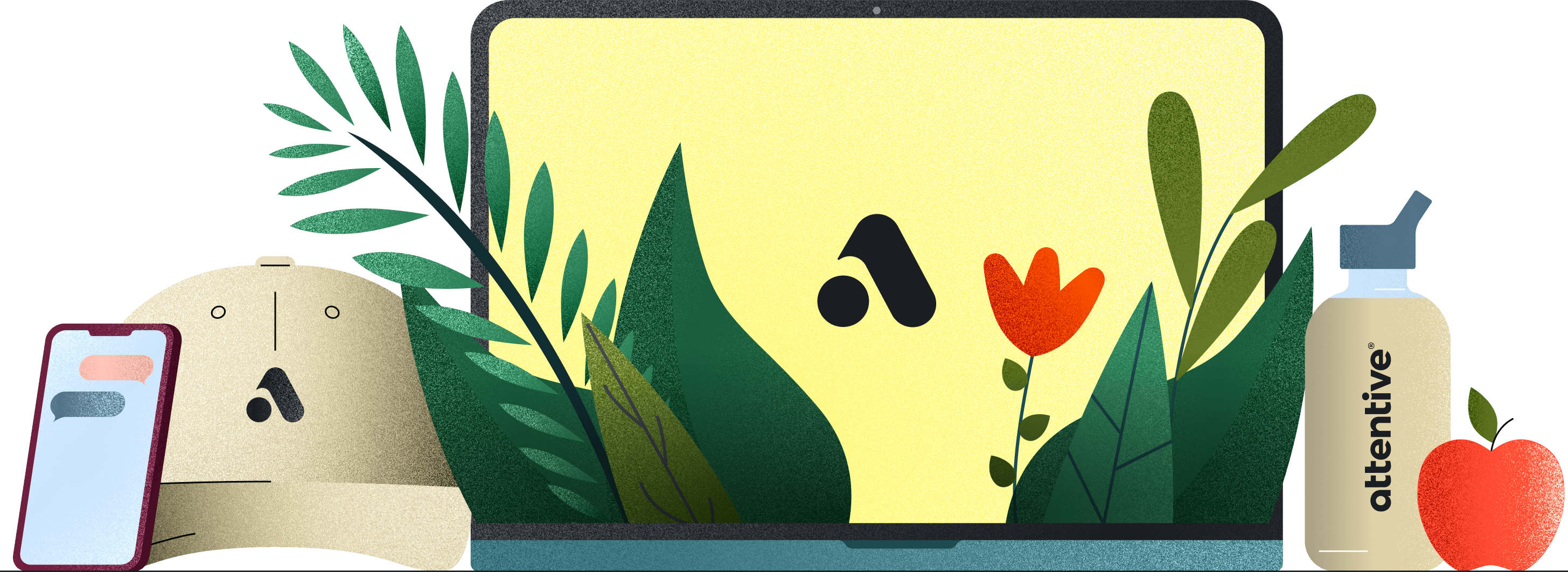 Stylized illustration of Attentive brand elements: computer screen with logo, plants, simplified face, smartphone, product bottle, and apple, in a minimalist design.