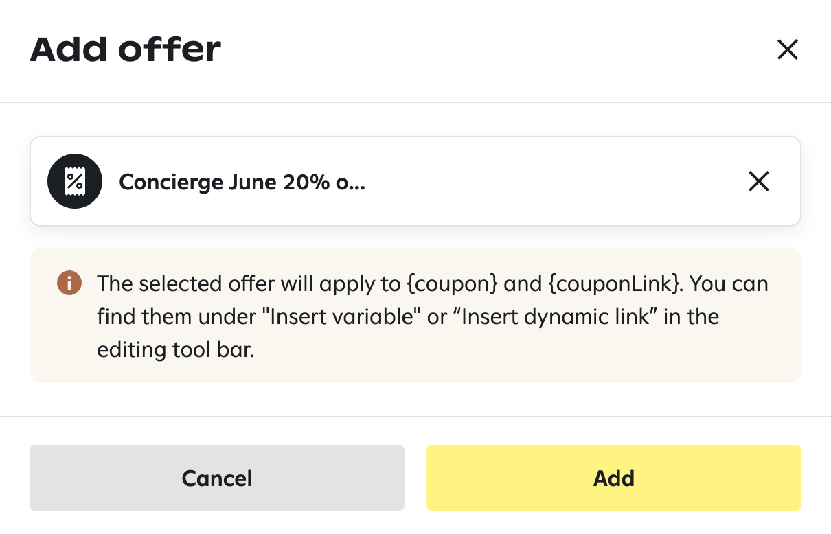 The Add offer window with the option to remove an offer