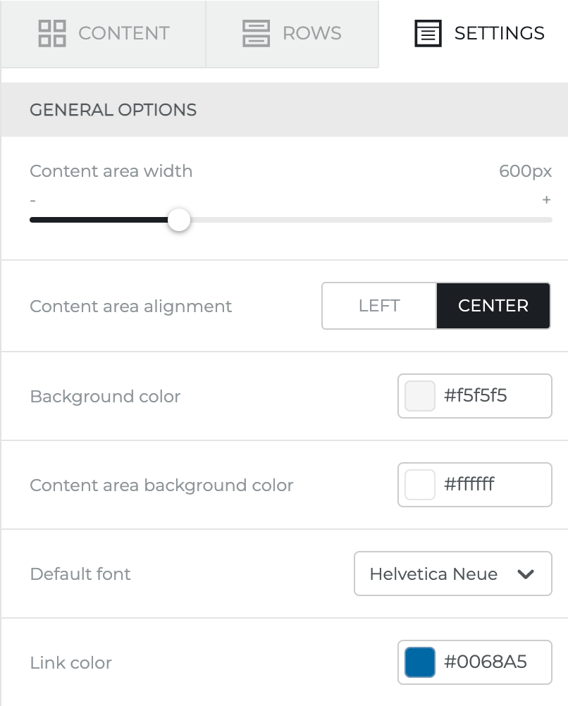 The Settings tab in the right side panel of the email editor.