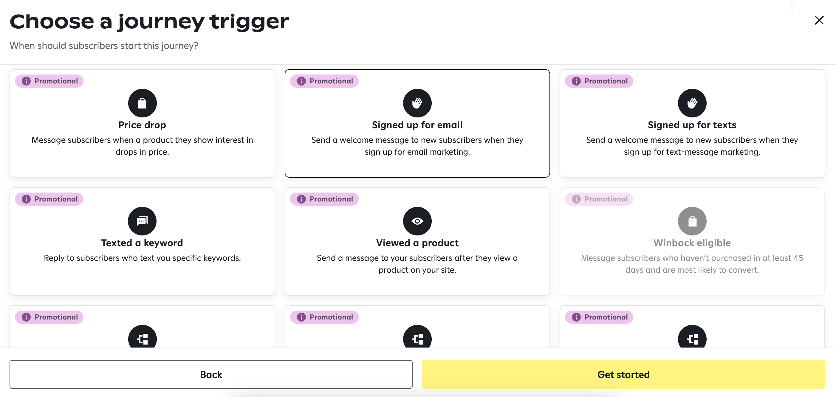 Selecting the Signed up for email tile and clicking Get started.