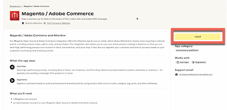 The Magento/Adobe Commerce integration page in the Attentive app marketplace with the 'Install' button highlighted.