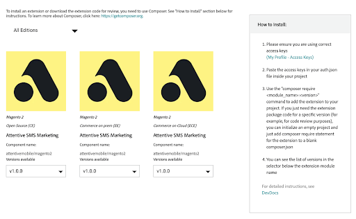 The installation instructions page on the Adobe Commerce Marketplace showing different extension editions and 'How to install' steps.