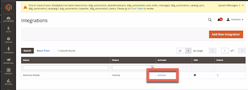 The 'Integrations' page in the Magento admin panel with the 'Activate' button for the Attentive Mobile integration highlighted.