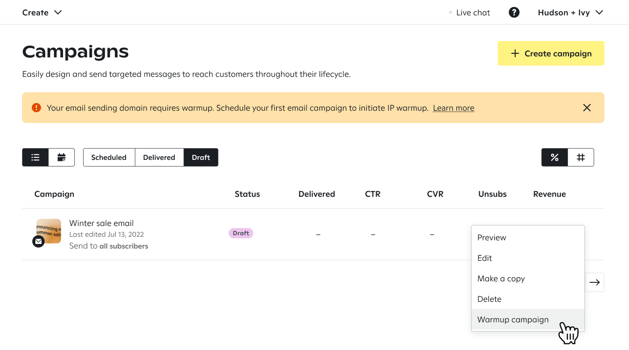 Scheduling a series of email warmup campaigns in Attentive.