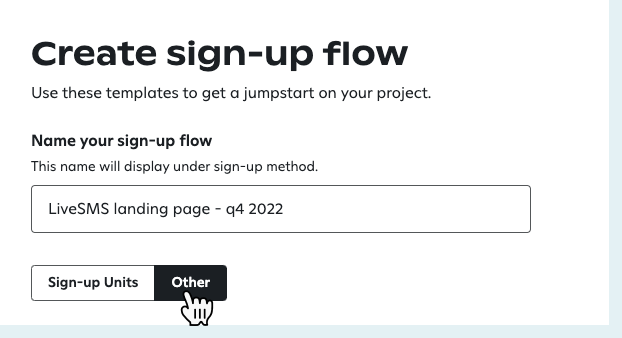 Entering a memorable name for a new LiveSMS landing page.