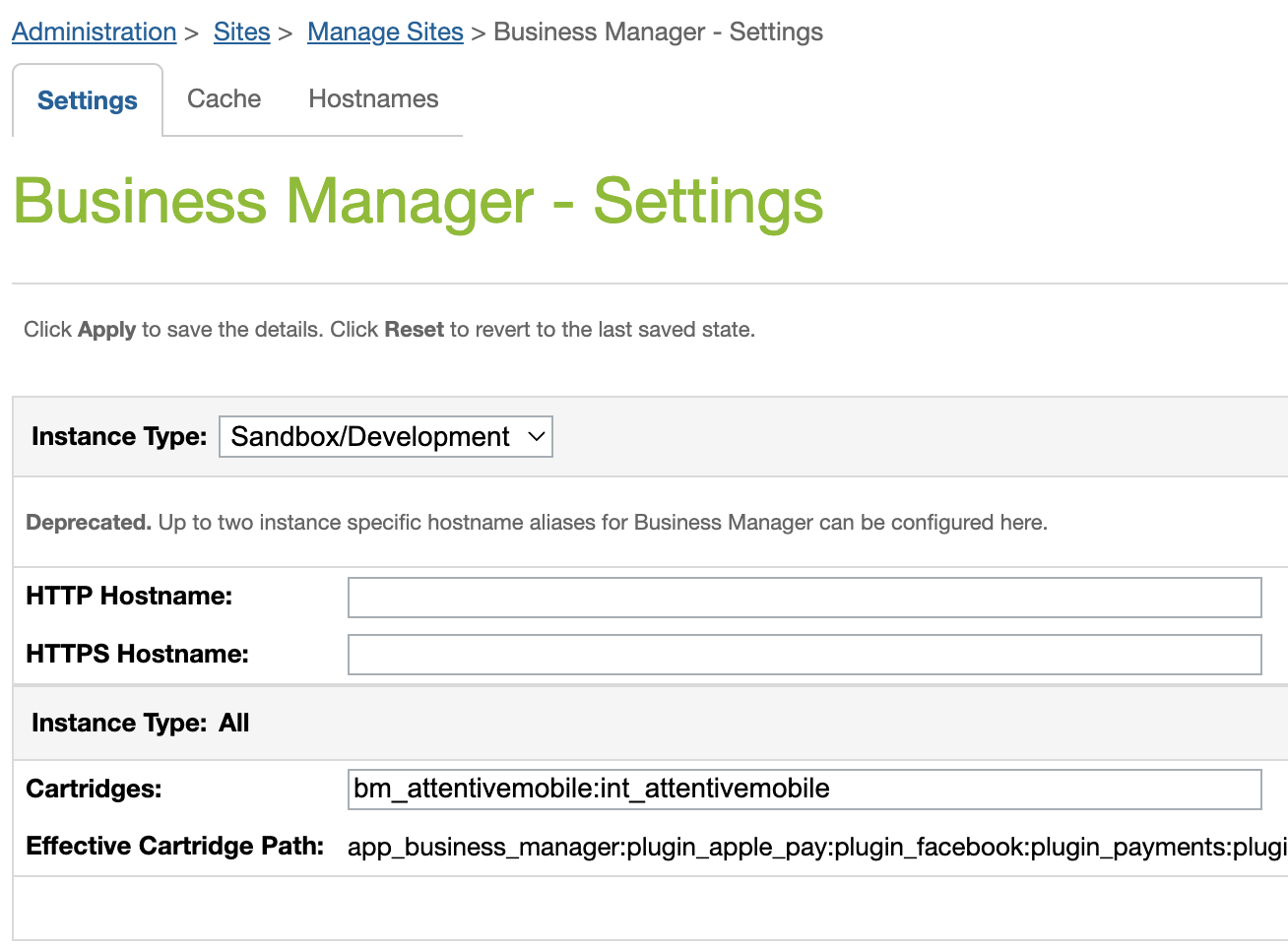 In SFCC, the Settings tab in the Business Manager site under Administration Sites Manage Sites with bm attentivemobile int attentivemobile added to the Cartridges path.
