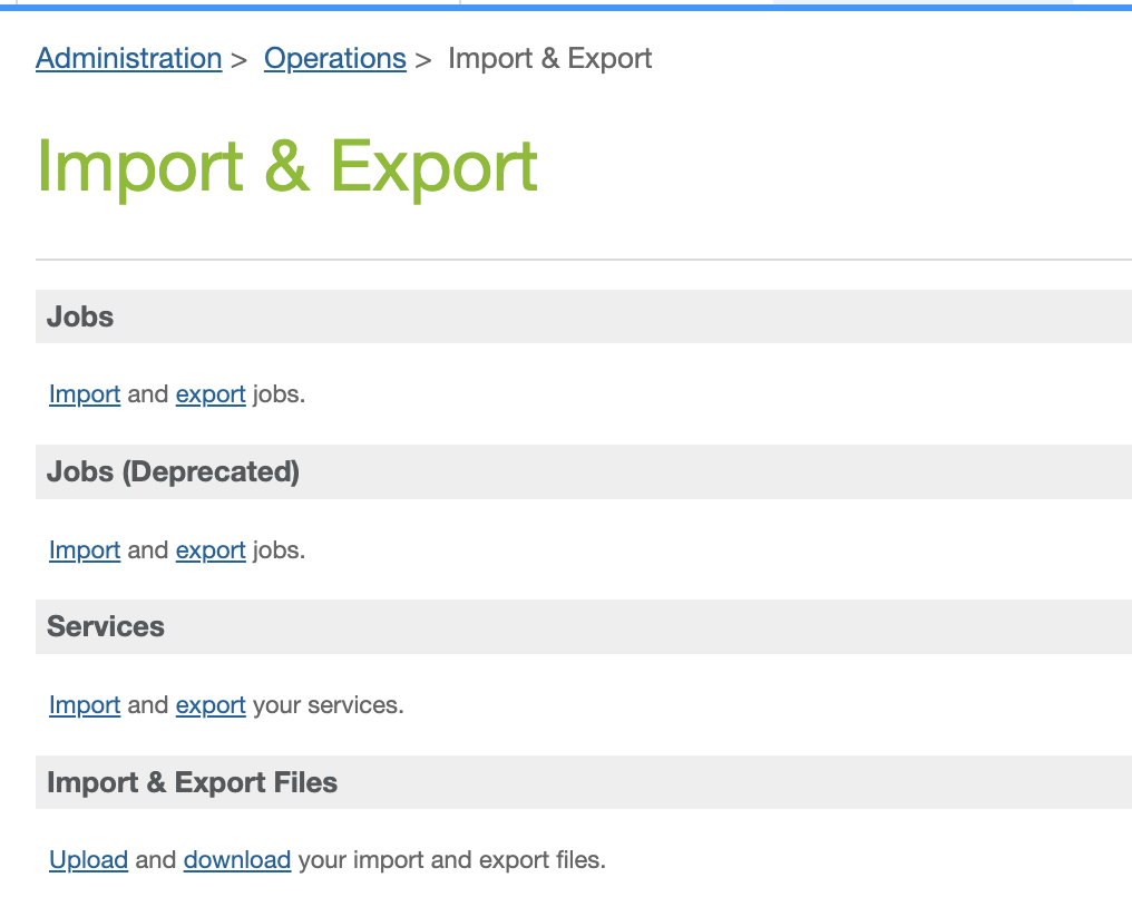 The Import and Export page under Administration Operations in SFCC.
