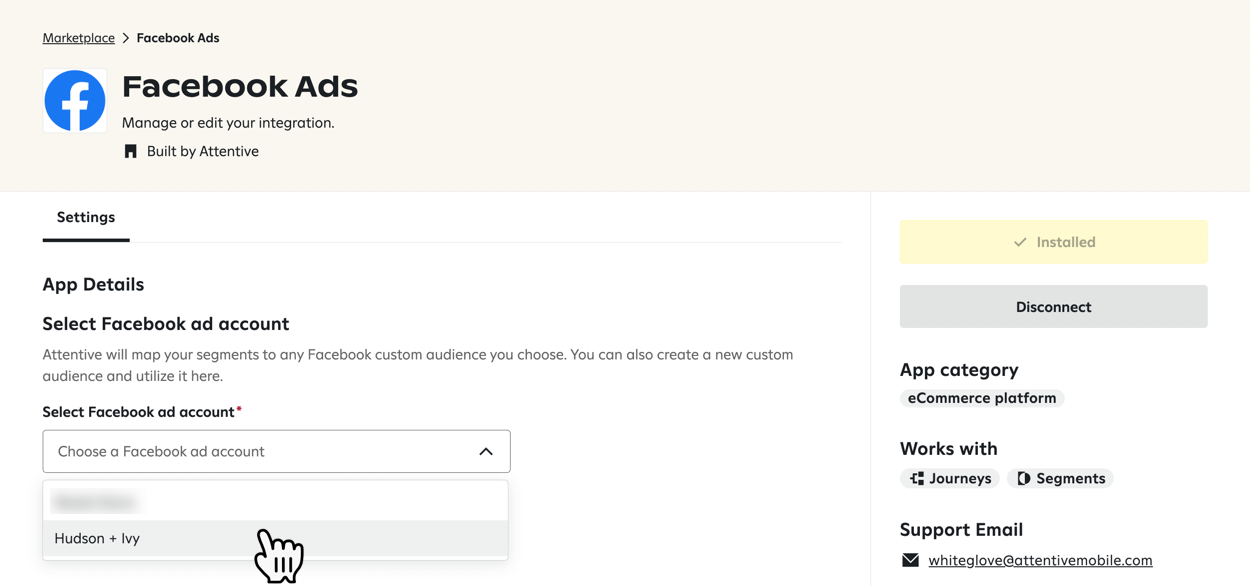 Selecting Facebook Ad Account from dropdown.